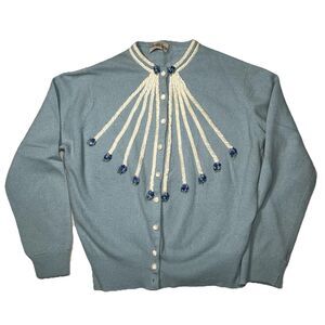 VTG 60s Cashmere Cardigan Flower Women’s Glam Preppy Floral Academia Medium